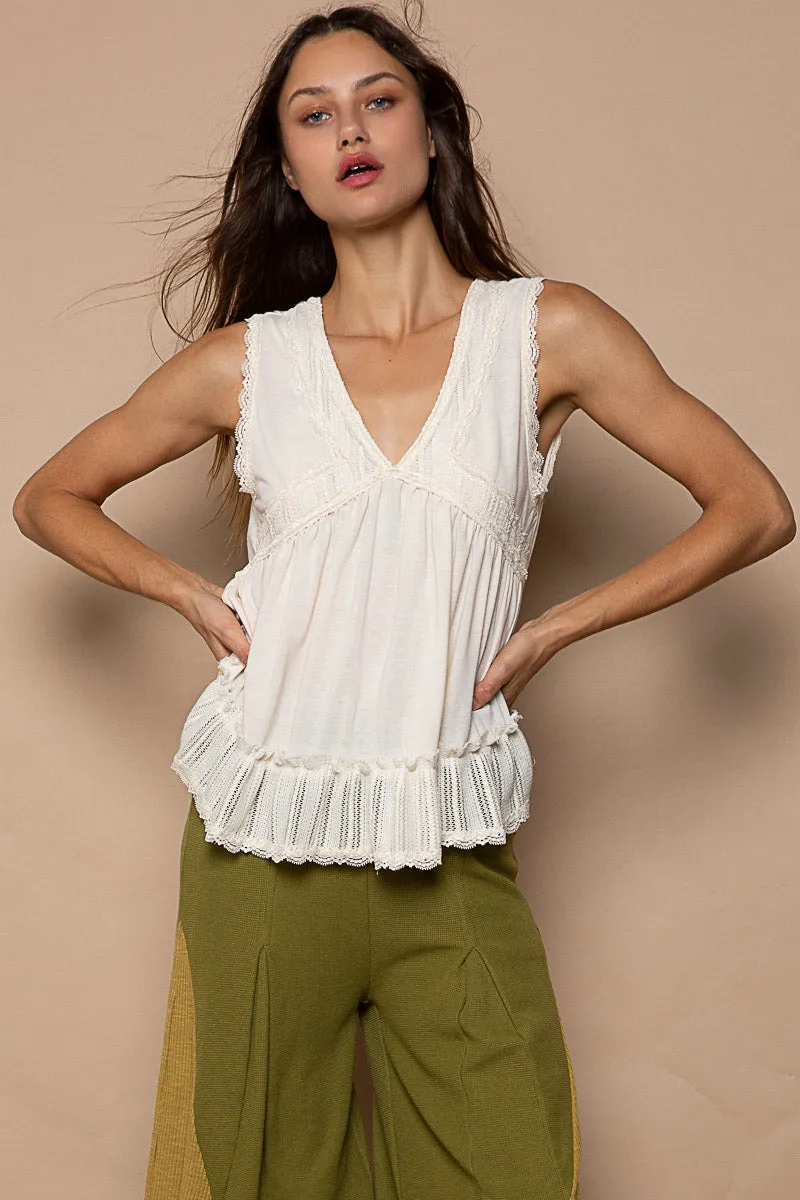 Lace Trim V-Neck Sleeveless Top