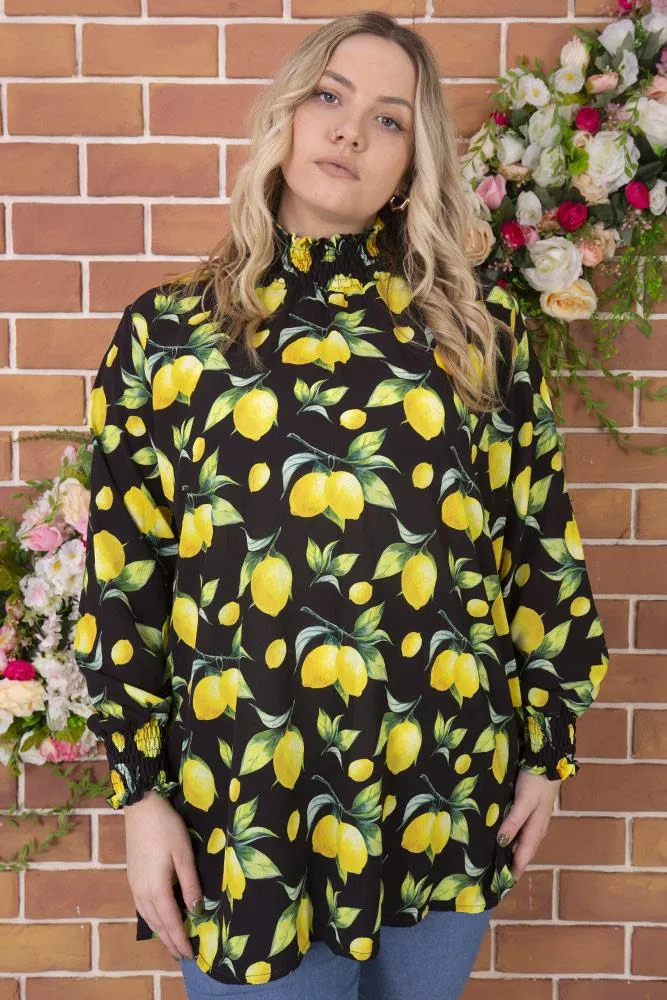 Lemon Print Ruched Neck Top