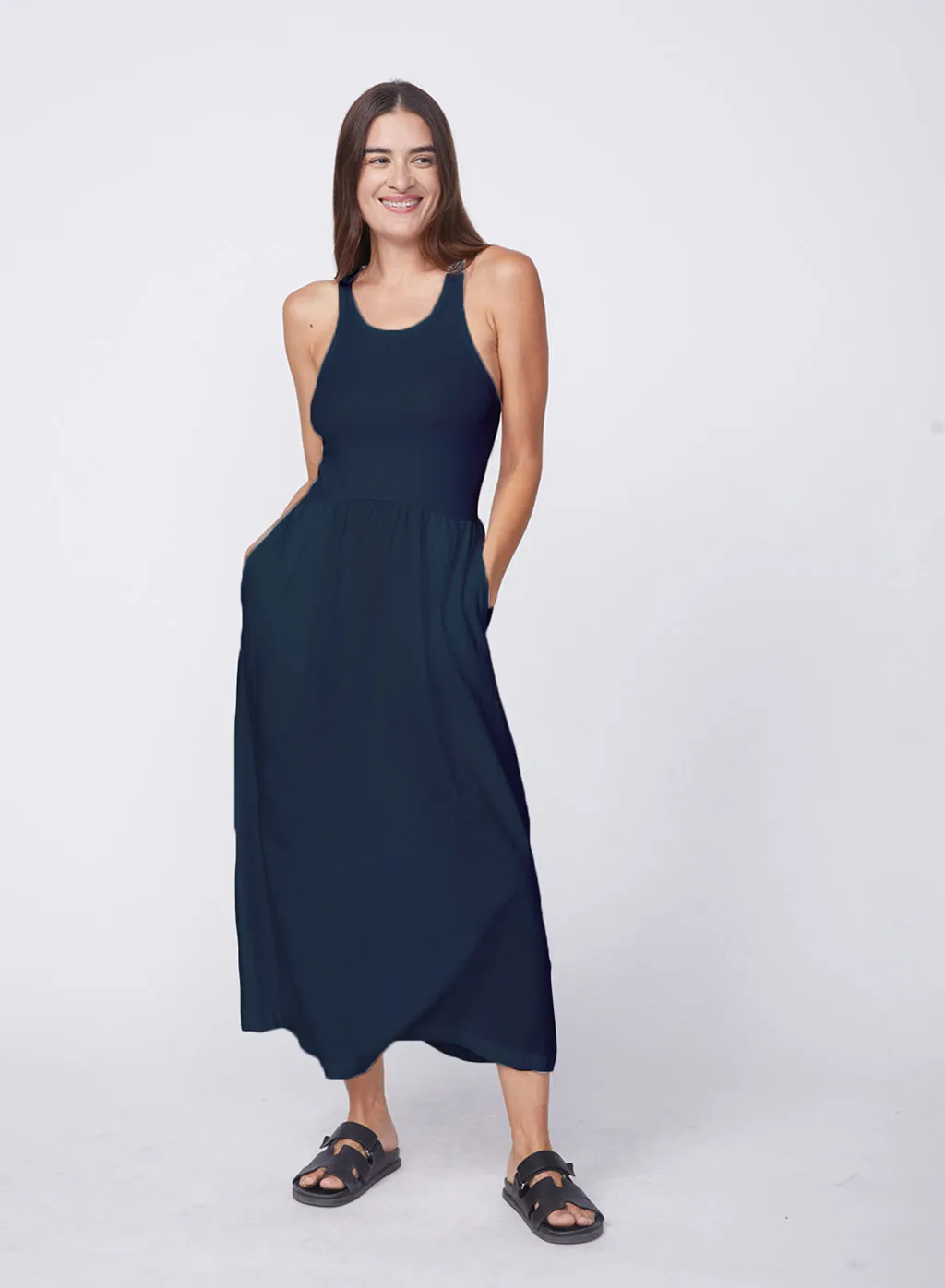 Linen Racerback Mix Media Midi Dress in New Navy