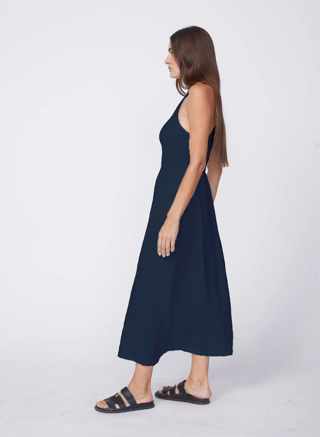 Linen Racerback Mix Media Midi Dress in New Navy