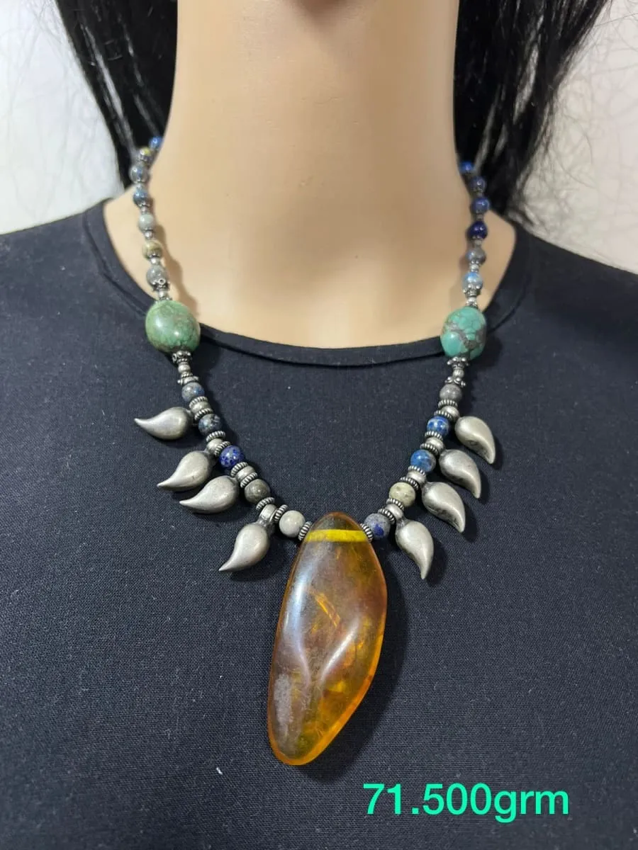 Mango Shaped Amber Turquoise Tribal 925 Sterling Silver Necklace, Banjara necklace, Antique Vintage Tribal Jewelry, November Birthstone