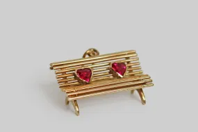 Mid 20th Century Park Bench Charm with Ruby Hearts in 14k Gold