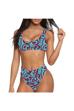 Miss Marie Azul & Plum Scroll  Print Sport Top & High-Waist Bikini Swimsuit