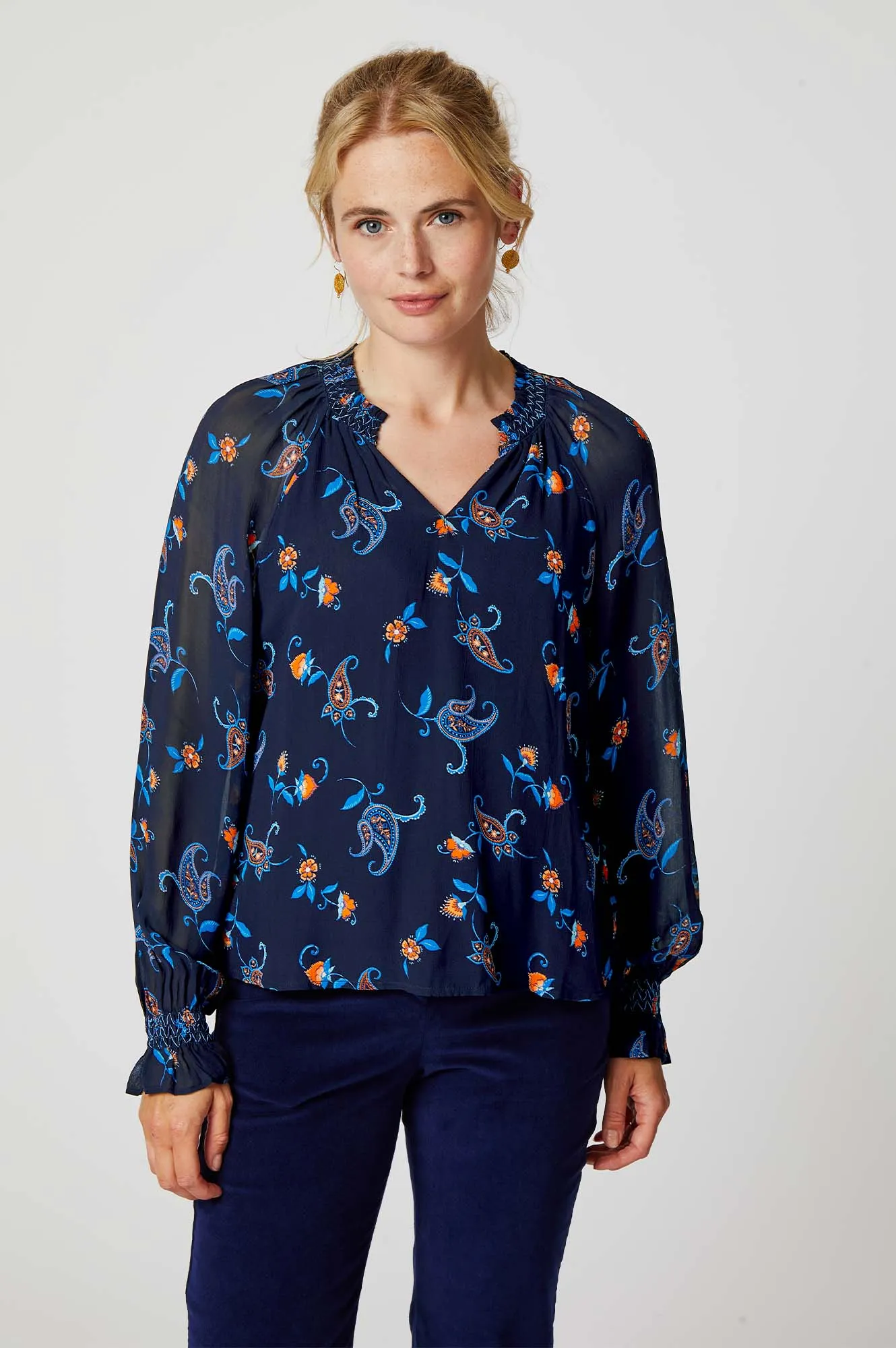 Octavia Printed Raglan Blouse | Budding Paisley Navy/Orange