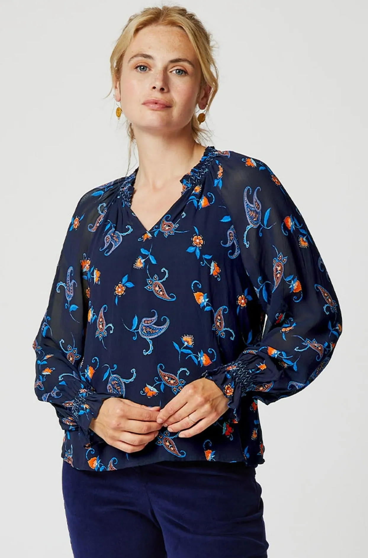 Octavia Printed Raglan Blouse | Budding Paisley Navy/Orange