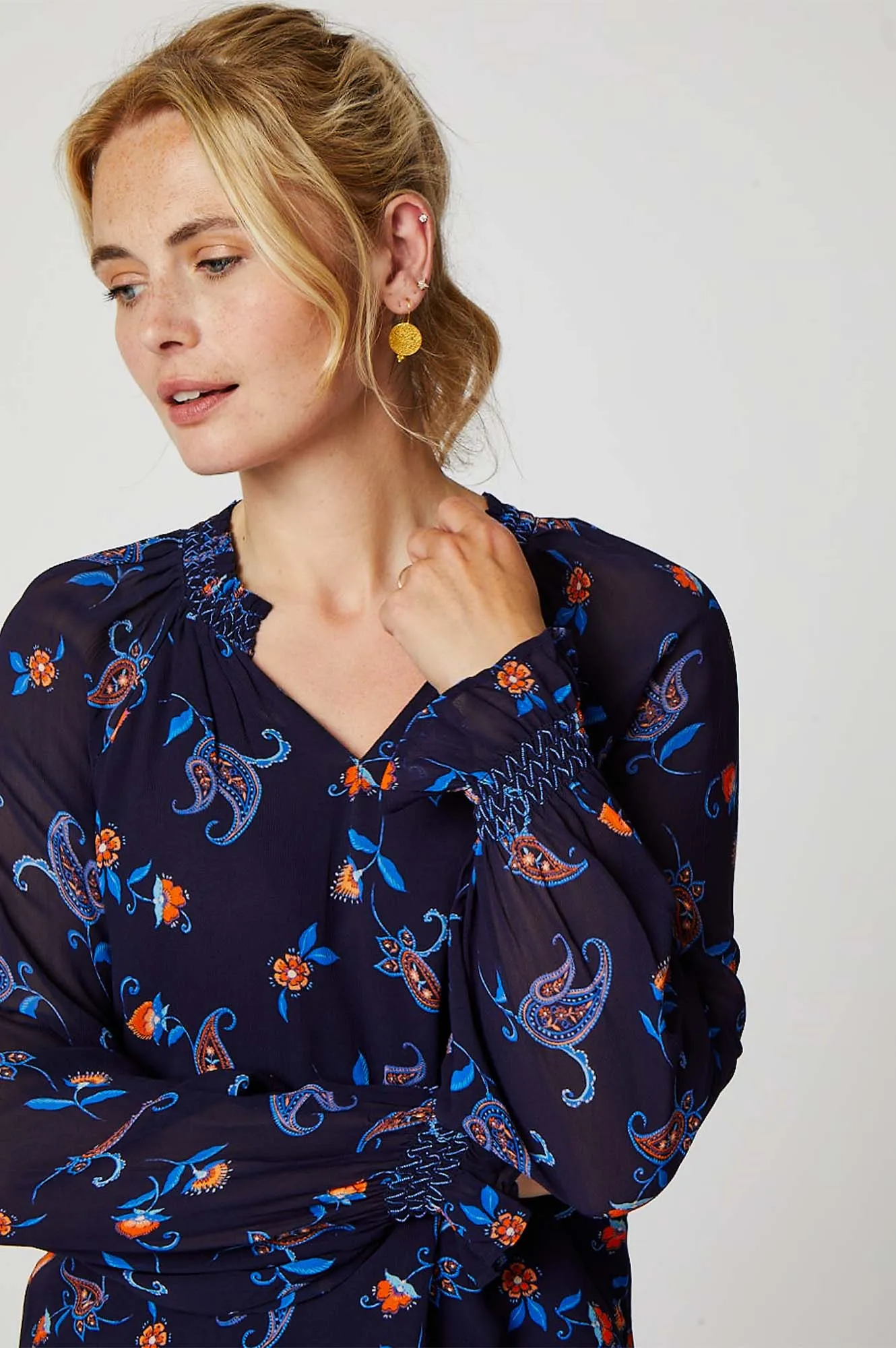 Octavia Printed Raglan Blouse | Budding Paisley Navy/Orange