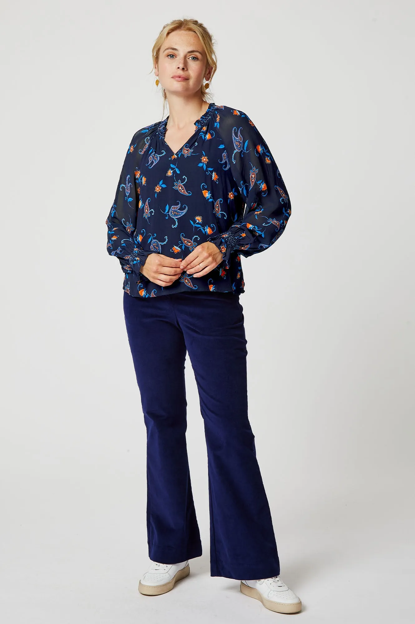 Octavia Printed Raglan Blouse | Budding Paisley Navy/Orange