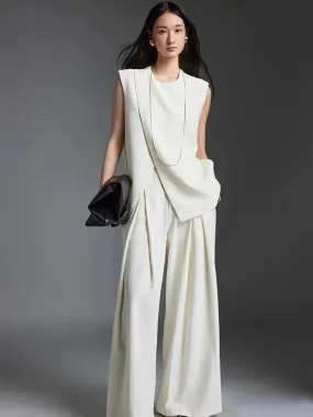 Off-white Suit Vest Wide Leg Pants Set for Women's Summer | Elegant Two-Piece Set