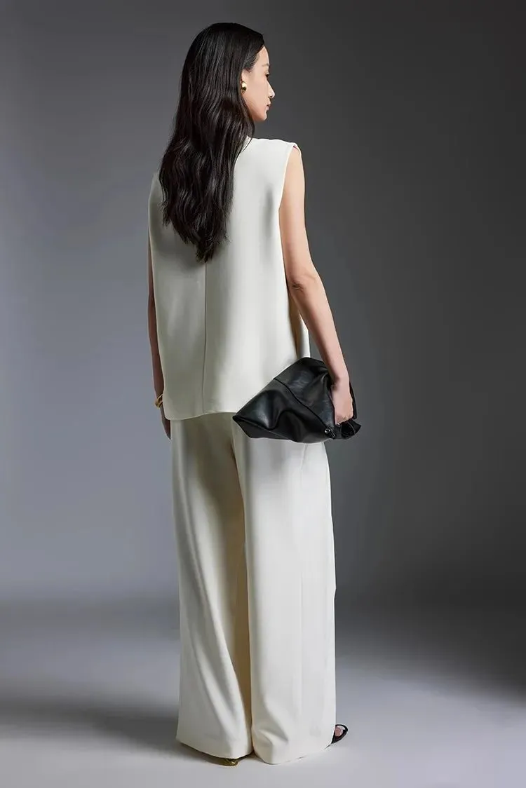 Off-white Suit Vest Wide Leg Pants Set for Women's Summer | Elegant Two-Piece Set