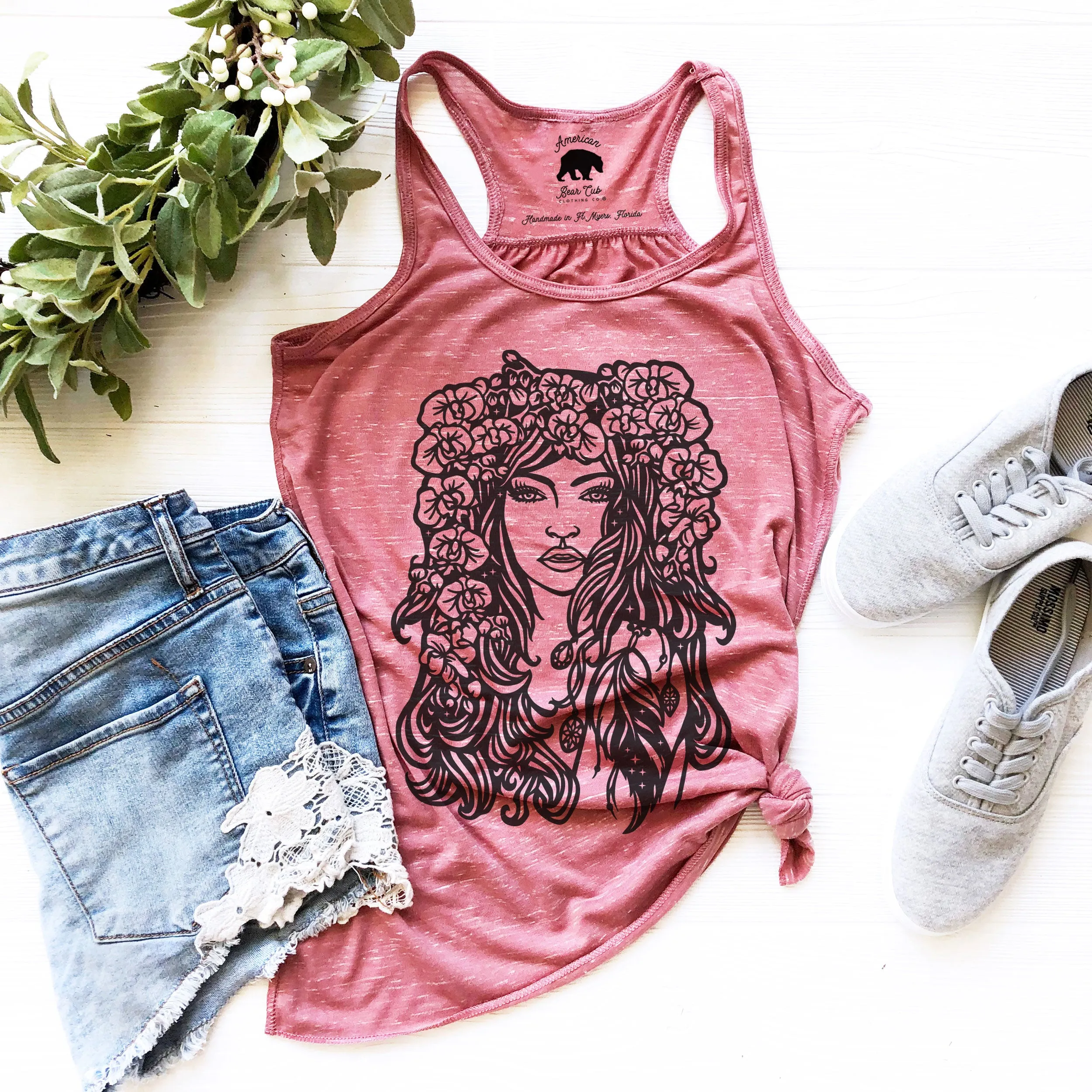 Orchid Goddess flowy racerback tank tops