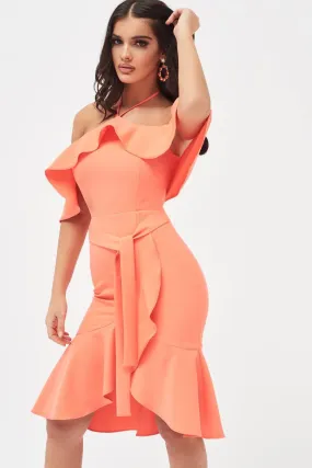 PAISLEY Bardot Frill Halterneck Midi Dress in Neon Coral