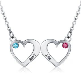 Personalized 2 Birthstone Mother's Necklace Double Heart 2 Engraved Names