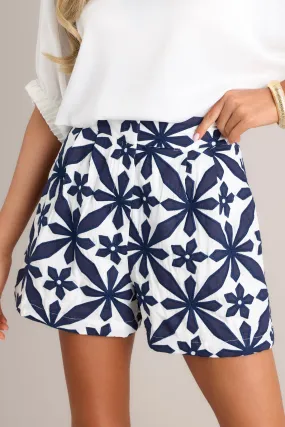 Petal Prism Navy Geometric Floral Embroidered Shorts