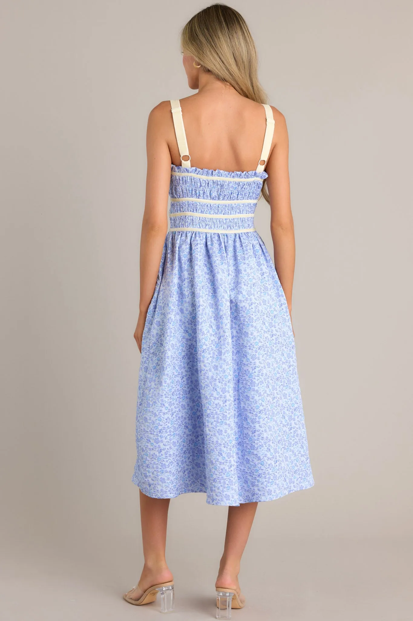 Petal Waltz Blue Floral Jacquard Midi Dress