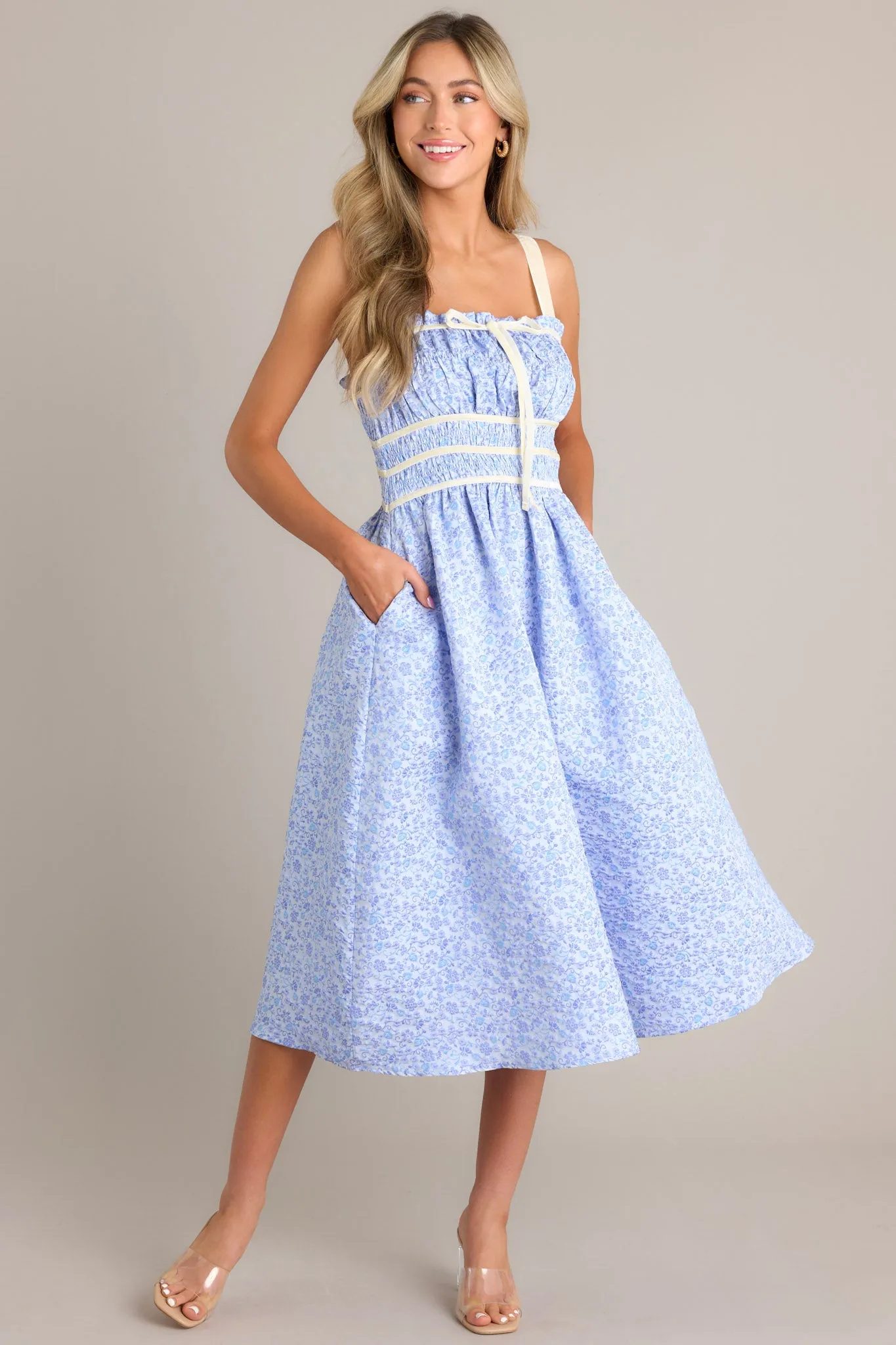 Petal Waltz Blue Floral Jacquard Midi Dress