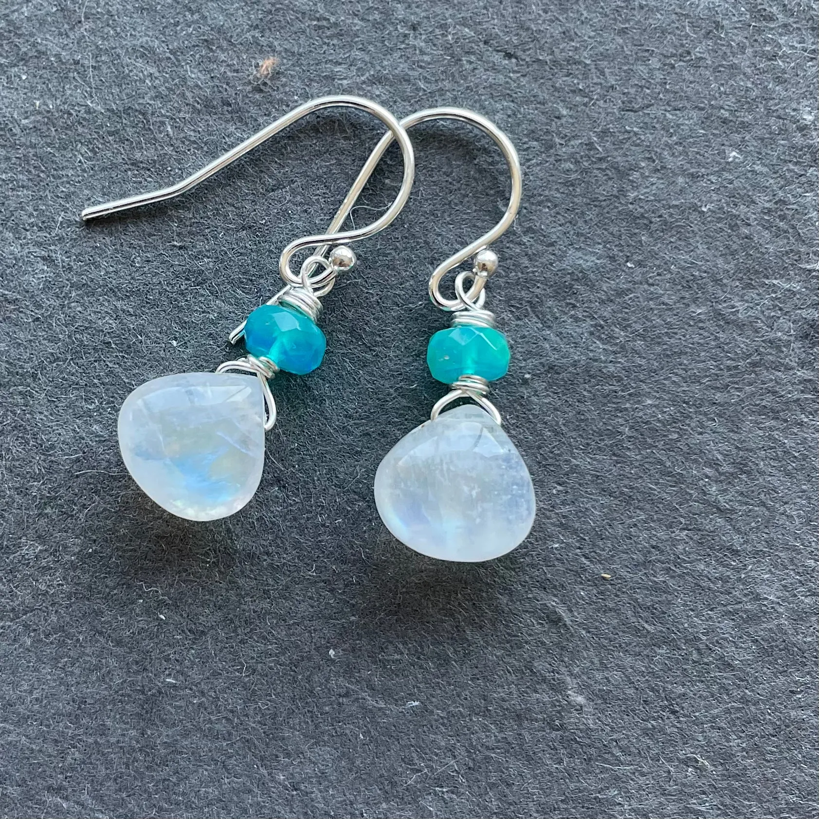 Rainbow Moonstone and Paraiba Opal Dangles, metal options