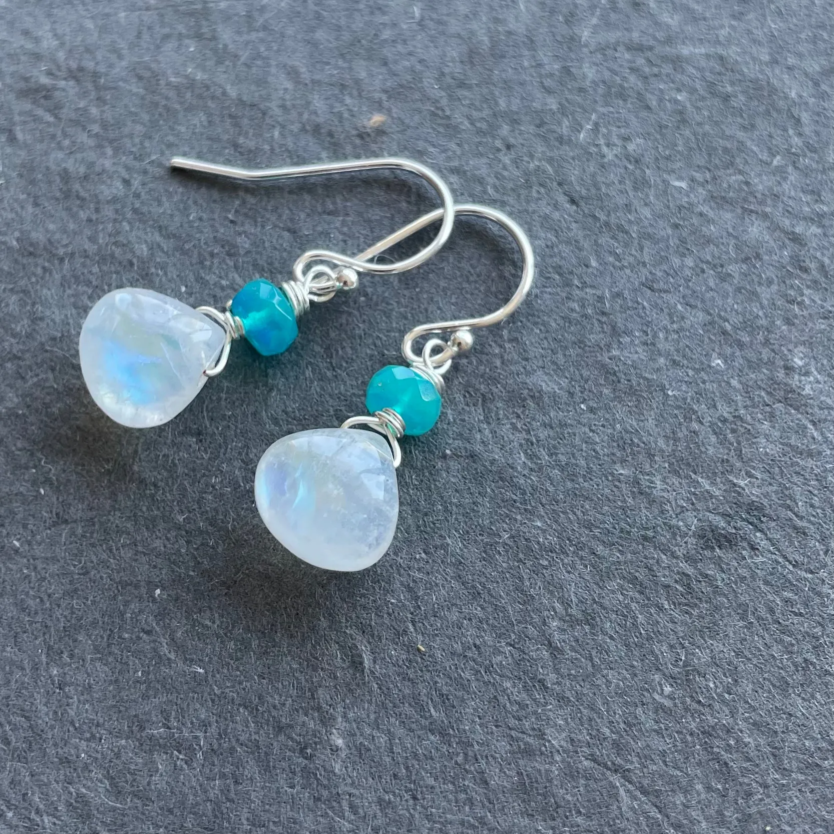 Rainbow Moonstone and Paraiba Opal Dangles, metal options