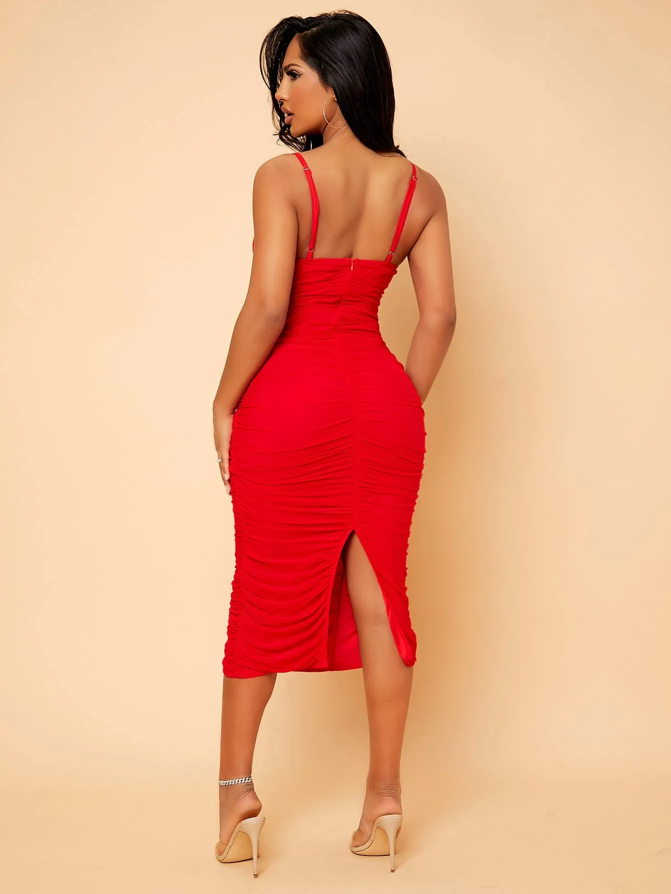 Ruched Zip Back Split Hem Dress