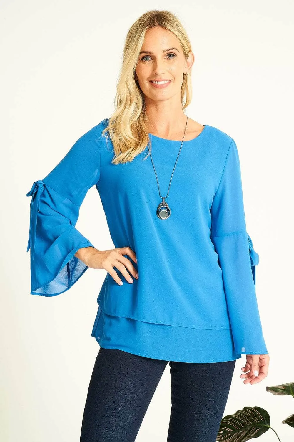 Saloos Bell Sleeves Sheer Tunic Top with Necklace