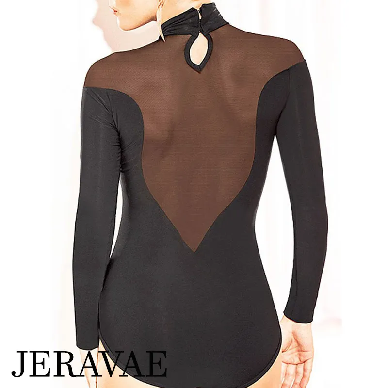 Sexy Long Sleeve Ballroom or Latin Practice Top Bodysuit with Mesh Shoulder and V-Neck and Back with Button Closure PRA 338 in Stock