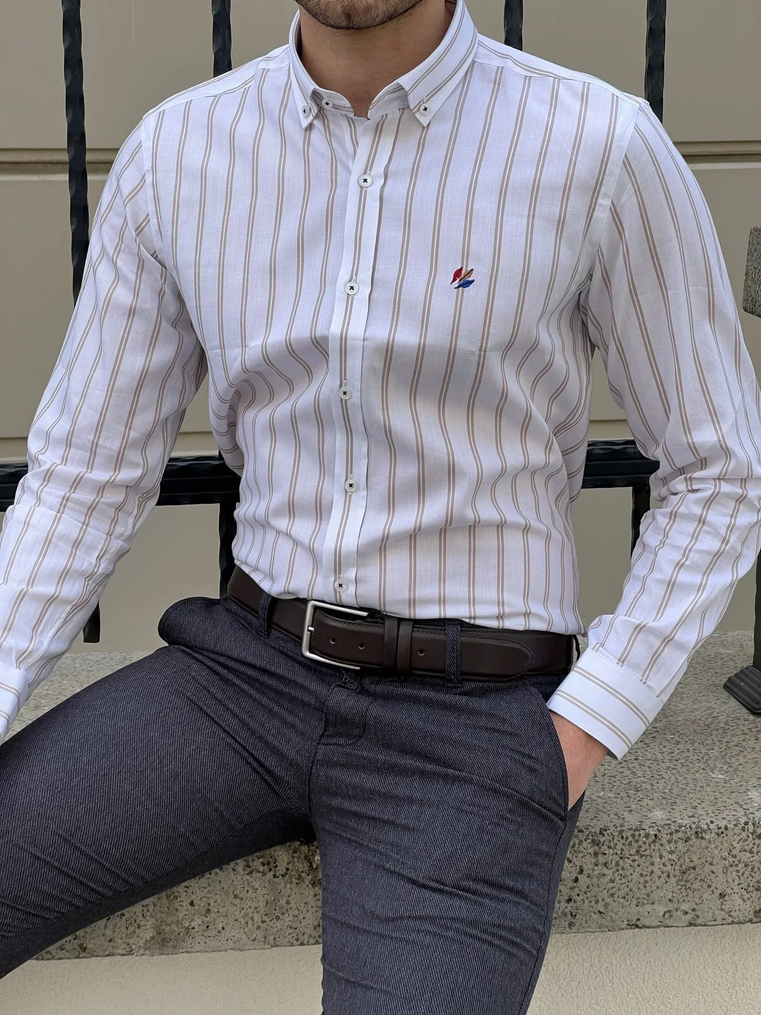 Slim Fit Striped Cotton White & Beige Shirt