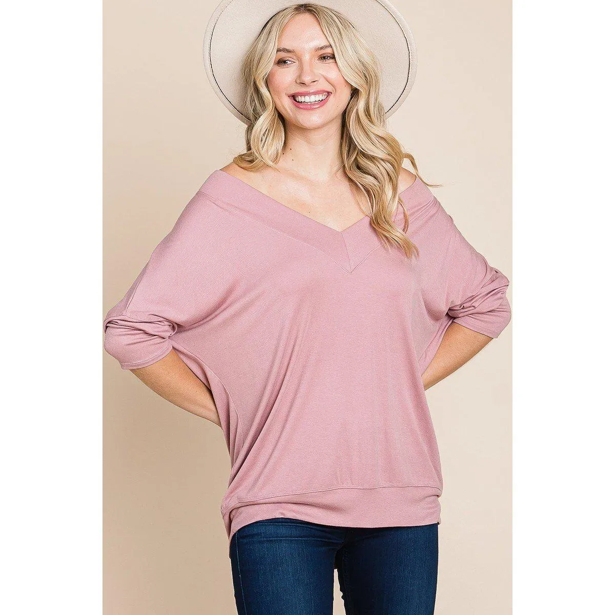 Solid Rib Modal Casual 3/4 Sleeves Dolman Sleeves Top