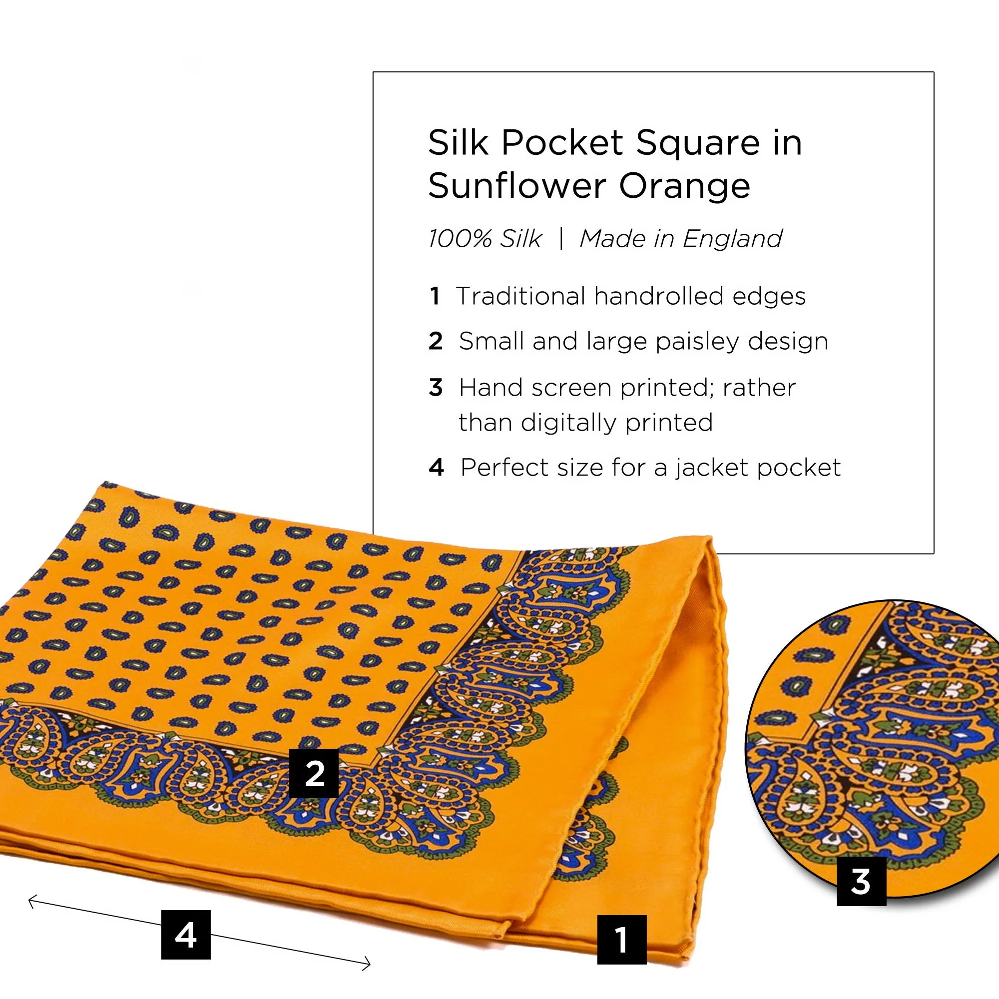 Sunflower Orange Small & Large Paisley Silk Pocket Square