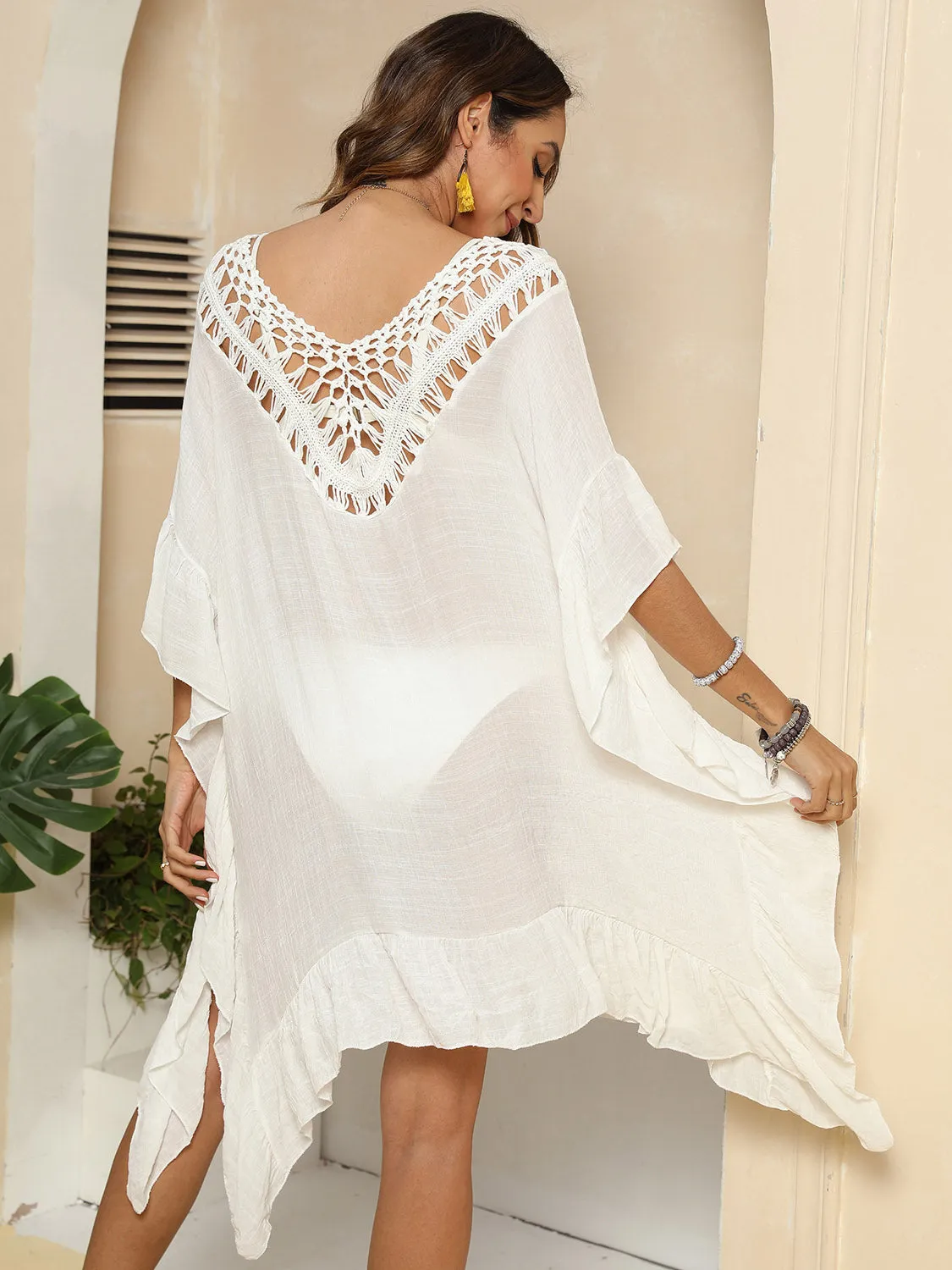 Sunset Vacation  Cutout Ruffled Half Sleeve Beach Cover Up