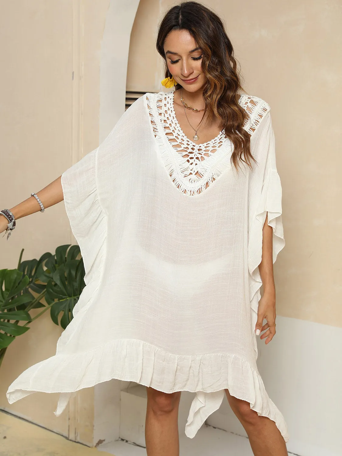 Sunset Vacation  Cutout Ruffled Half Sleeve Beach Cover Up