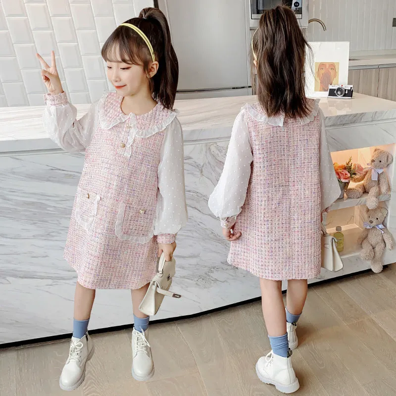 Toddler Kids Girls Solid Color Plaid Print Doll Neck Dress