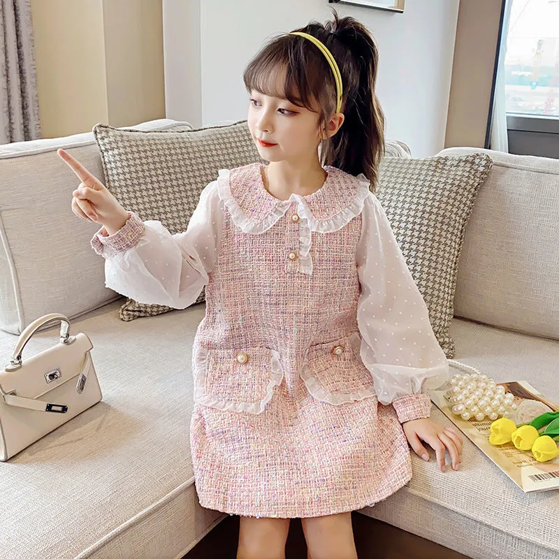 Toddler Kids Girls Solid Color Plaid Print Doll Neck Dress