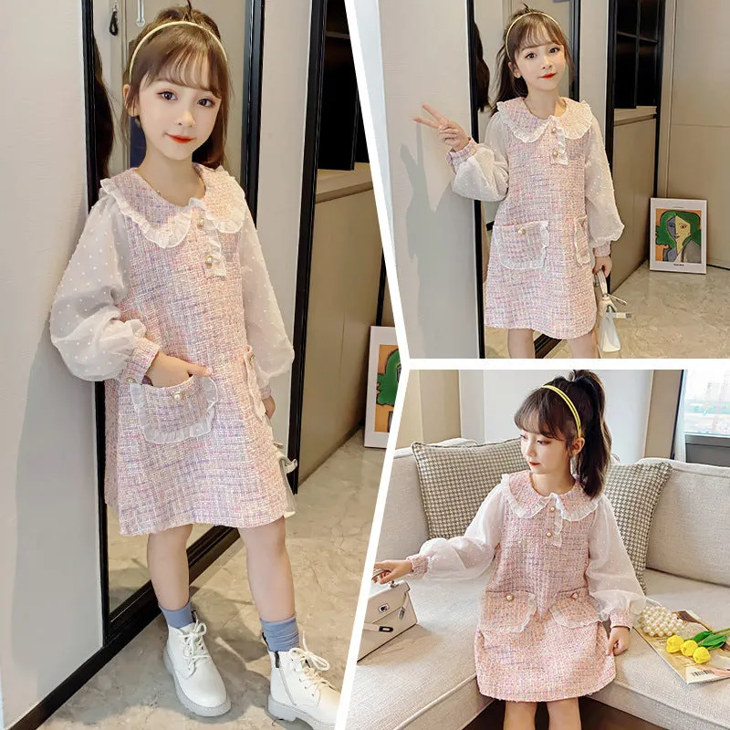 Toddler Kids Girls Solid Color Plaid Print Doll Neck Dress