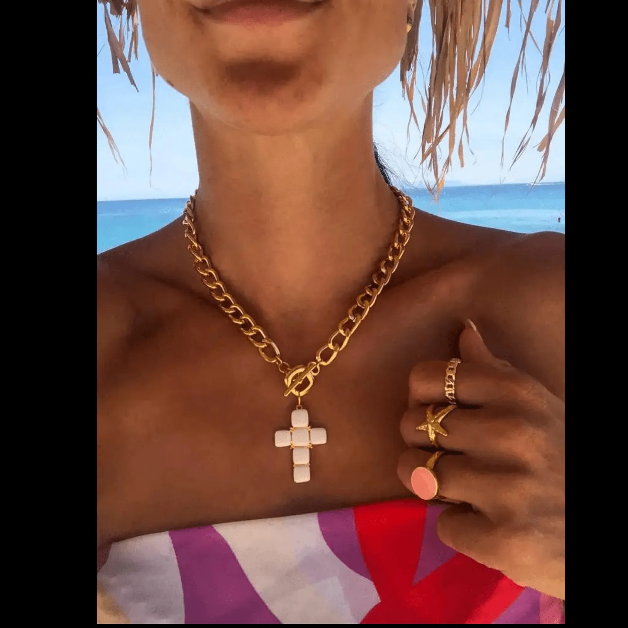 White Cross Necklace with Gold Chain For Women