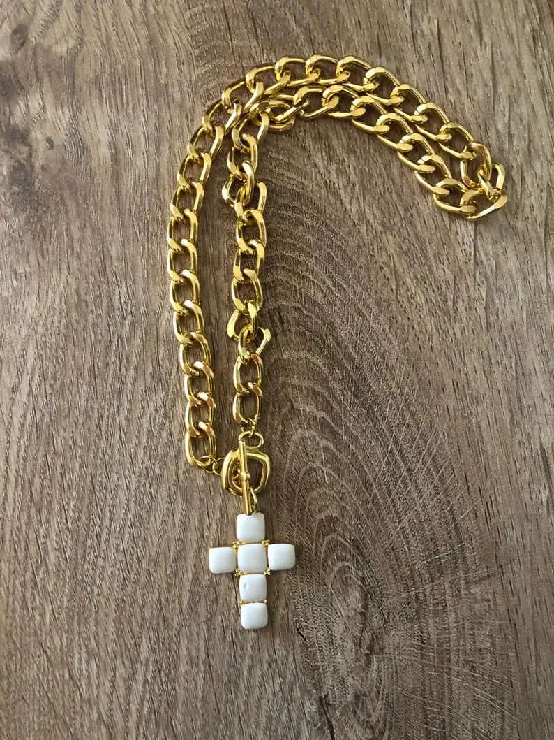 White Cross Necklace with Gold Chain For Women