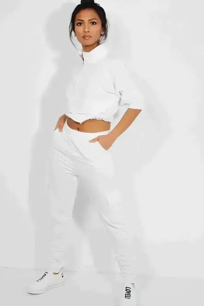 White Drawstring Top Cargo Two Piece Tracksuit