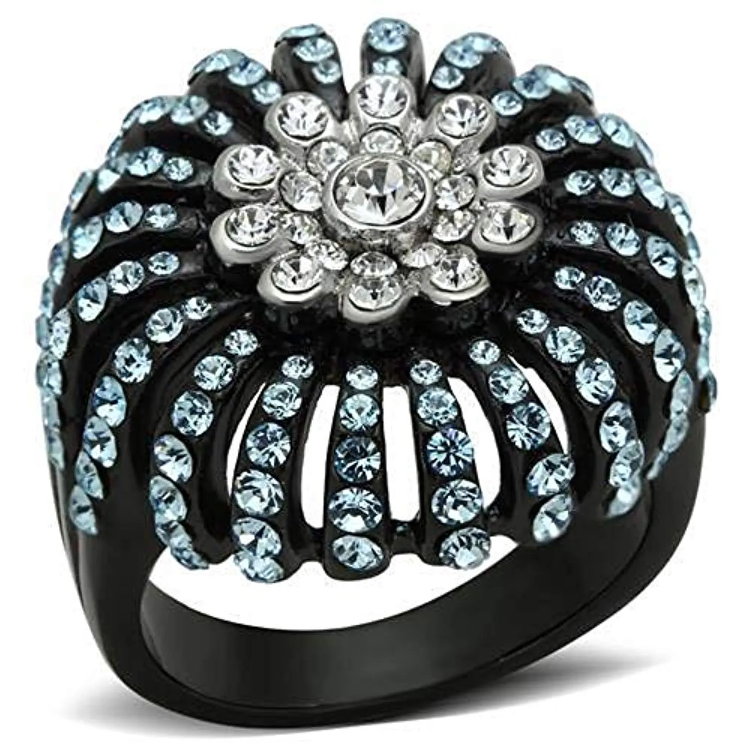 WildKlass Stainless Steel Flower Ring Two-Tone IP Black Women Top Grade Crystal Sea Blue