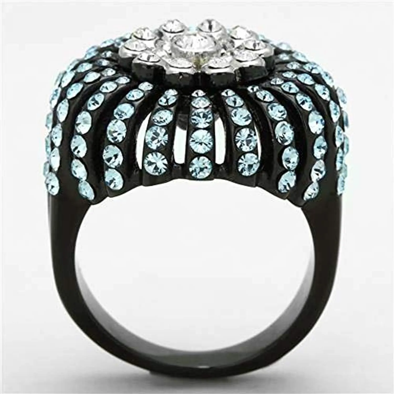 WildKlass Stainless Steel Flower Ring Two-Tone IP Black Women Top Grade Crystal Sea Blue