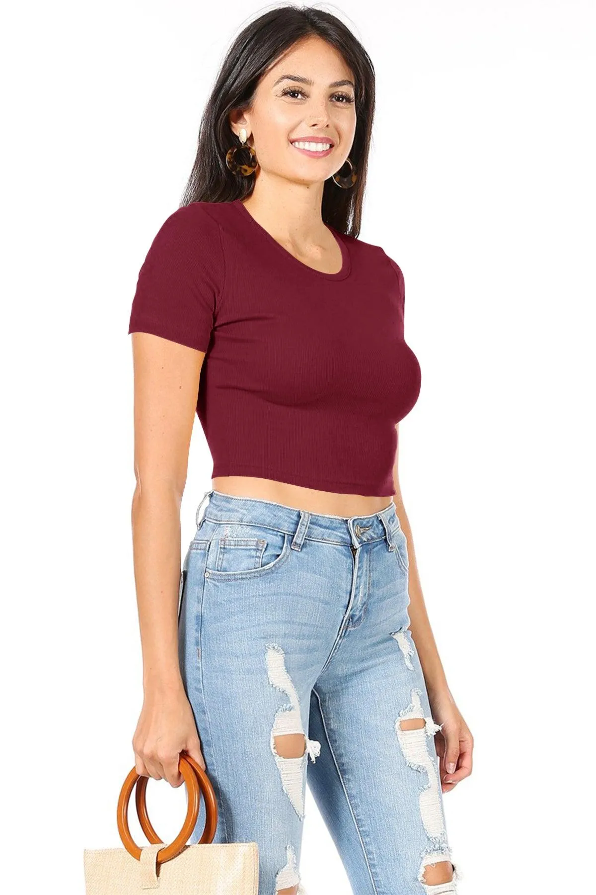 Women's Casual Short Sleeve Solid Stretch Ribbed Crop Top T-Shirt