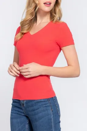 Women's Casual  Short Sleeve V Neck Ribbed Knit Tops