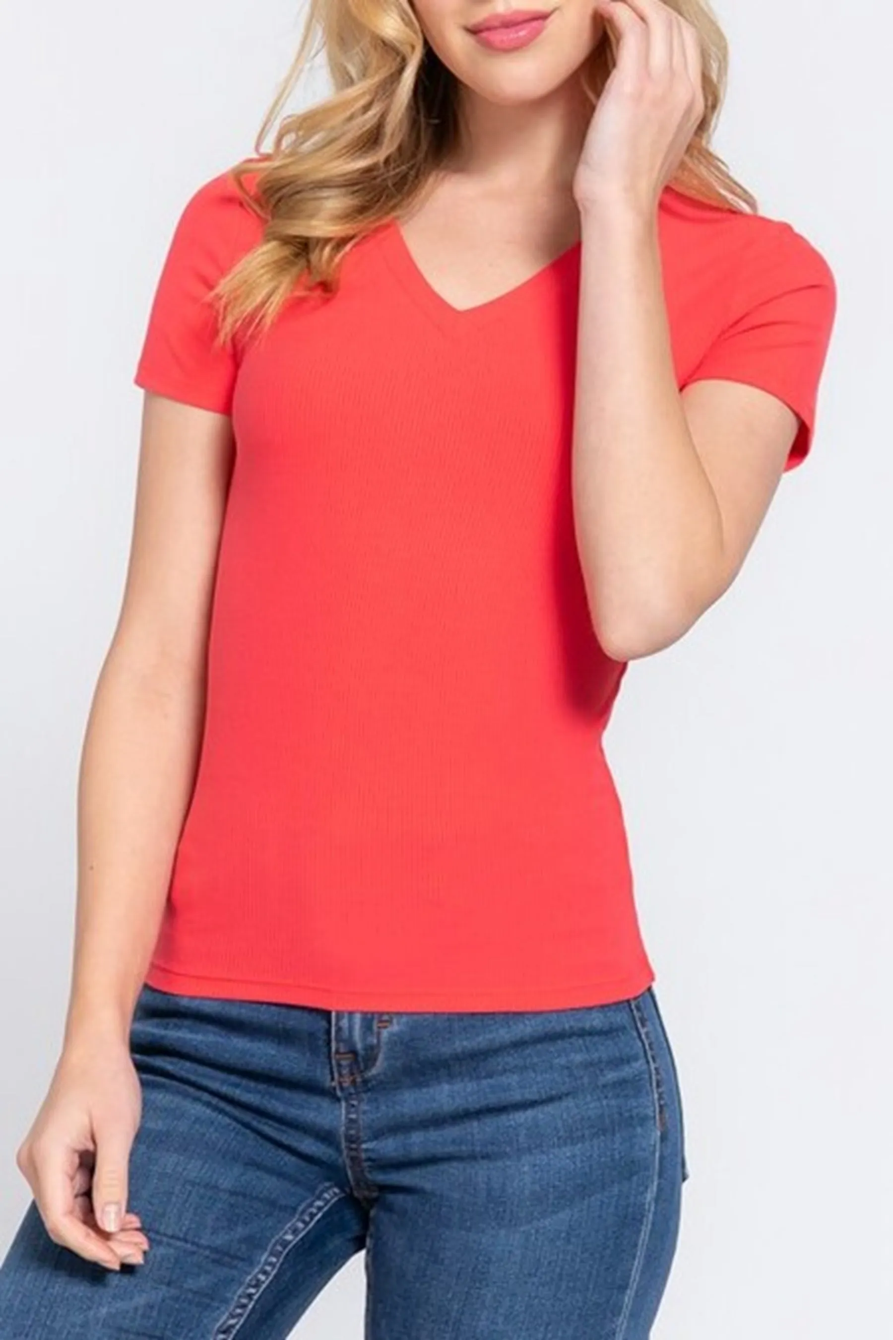 Women's Casual  Short Sleeve V Neck Ribbed Knit Tops