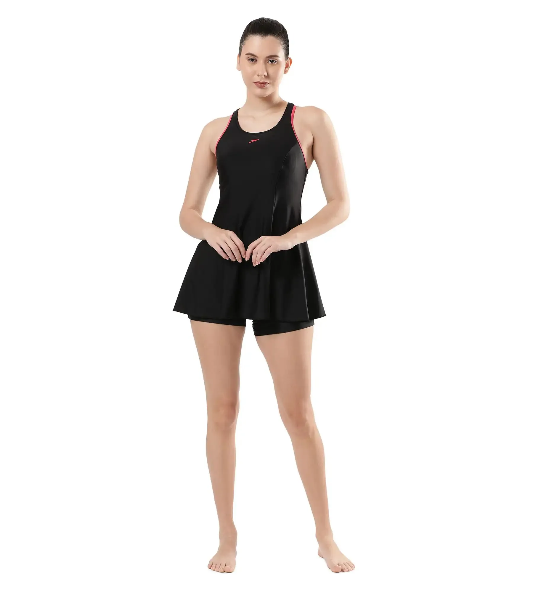 Women's Endurance Racerback Swimdress With Boyleg - Black  &  Raspberry Fill