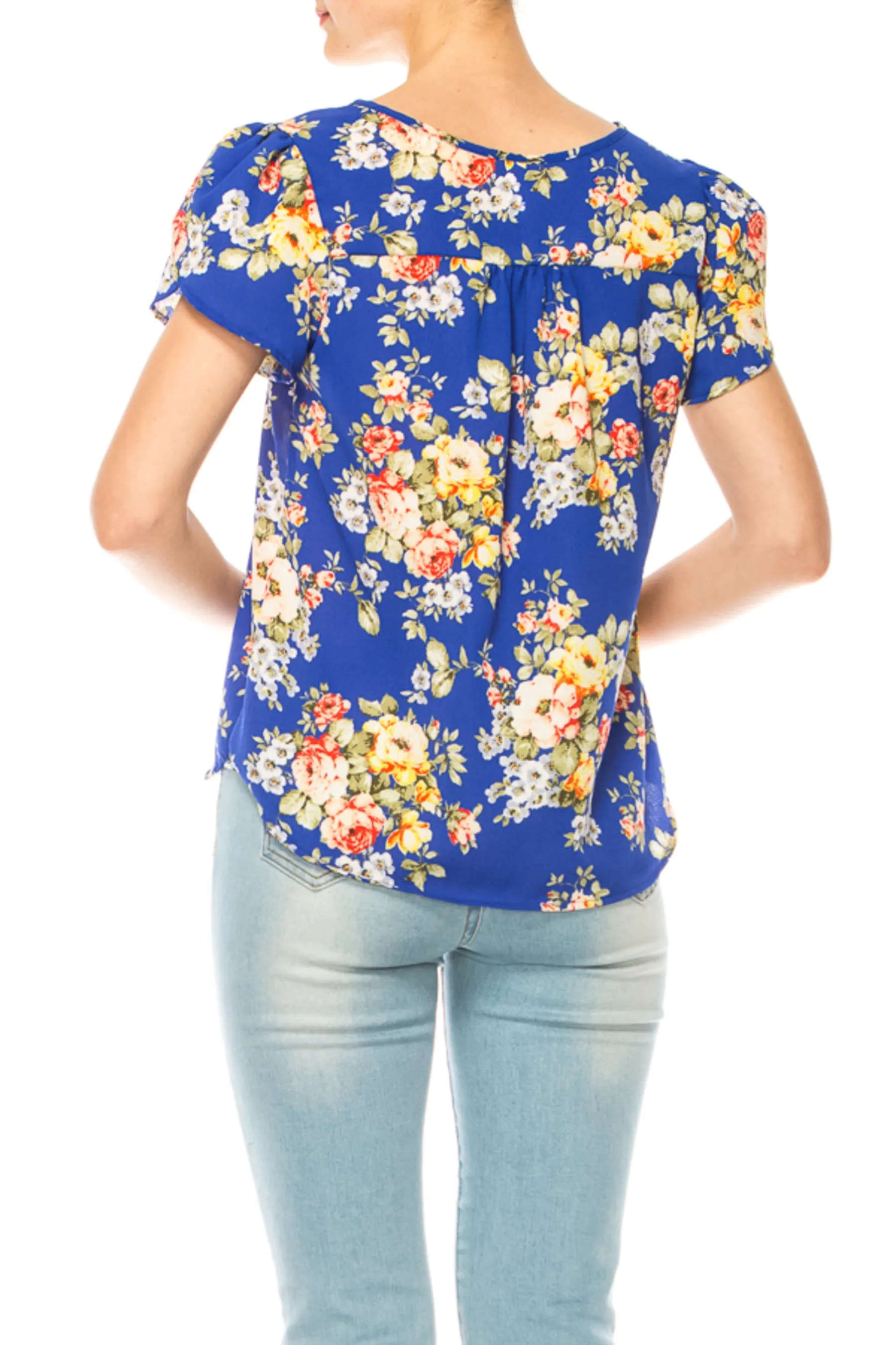 Women's Floral Pattern Short Sleeve Tunic Top Blouse