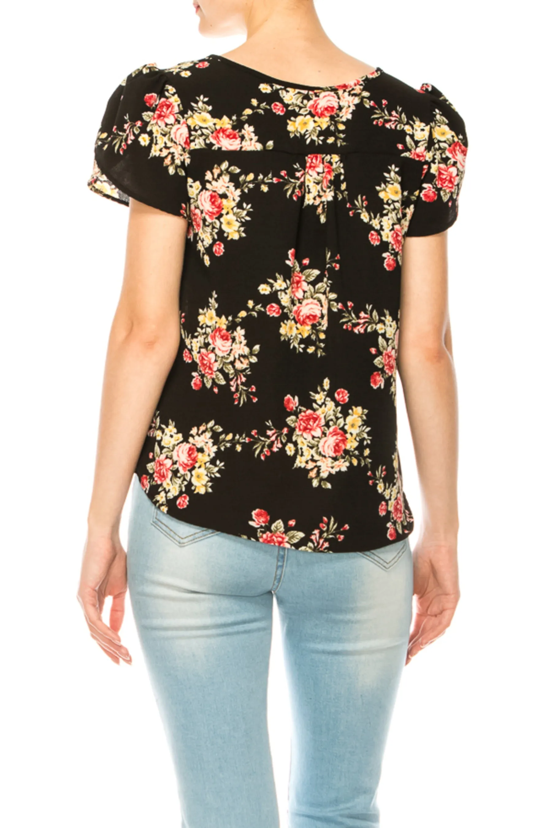 Women's Floral Pattern Short Sleeve Tunic Top Blouse