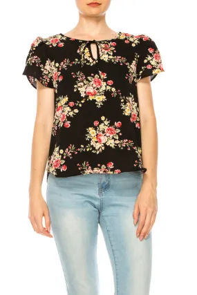 Women's Floral Pattern Short Sleeve Tunic Top Blouse