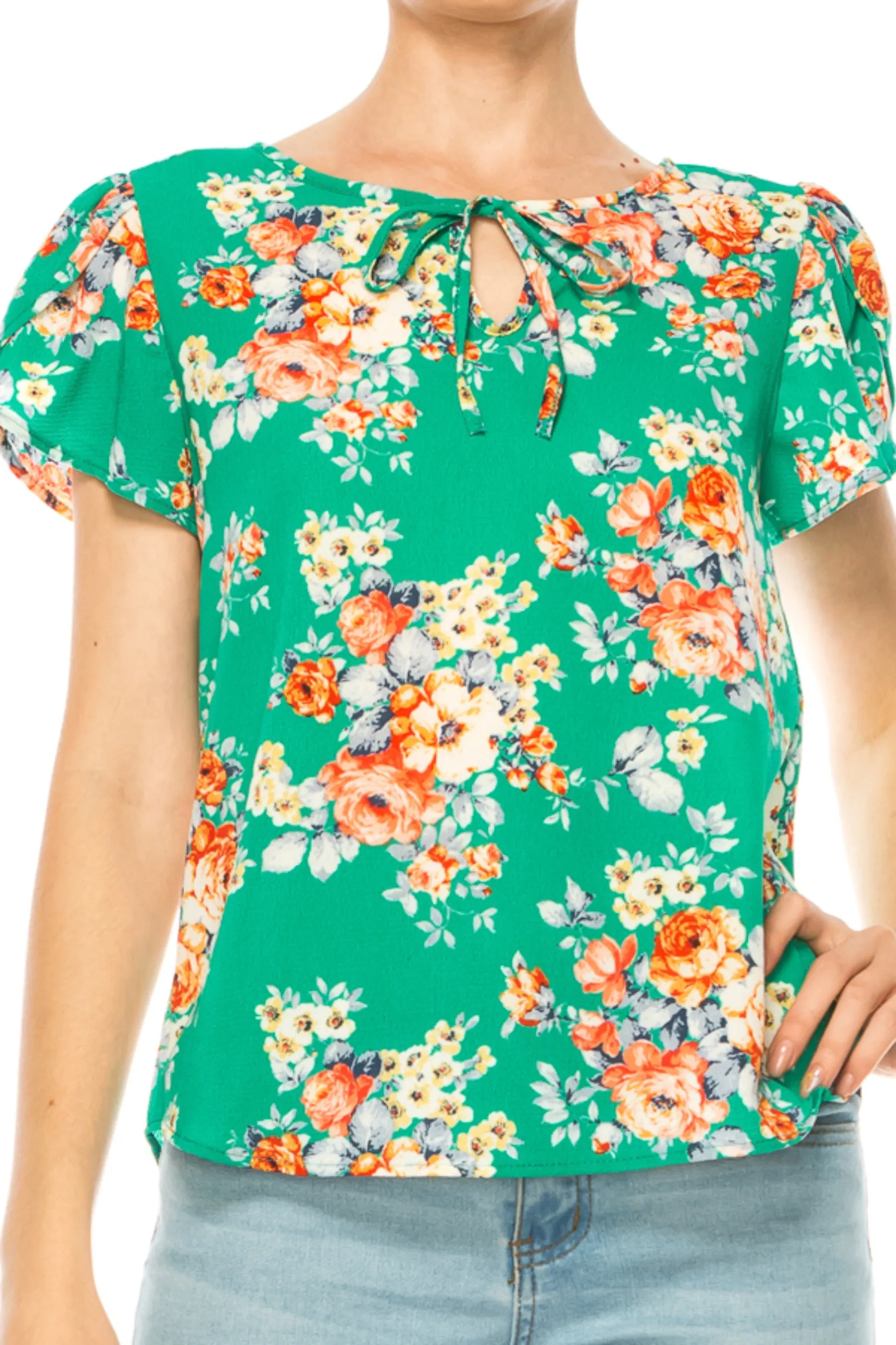 Women's Floral Pattern Short Sleeve Tunic Top Blouse