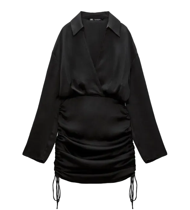 ZARA Black Ruched Satin Long Sleeve Mini Dress BNWT UK XS